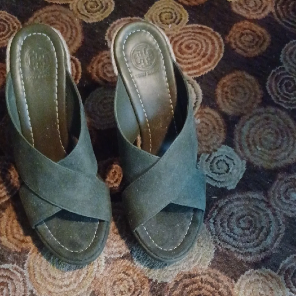 Tory Burch Dark Green Suede Crisscross Mule Slides